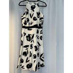 ANN TAYLOR- 100% SILK White Black  or Navy Floral  A-Line SunDress Women's Sz 8
